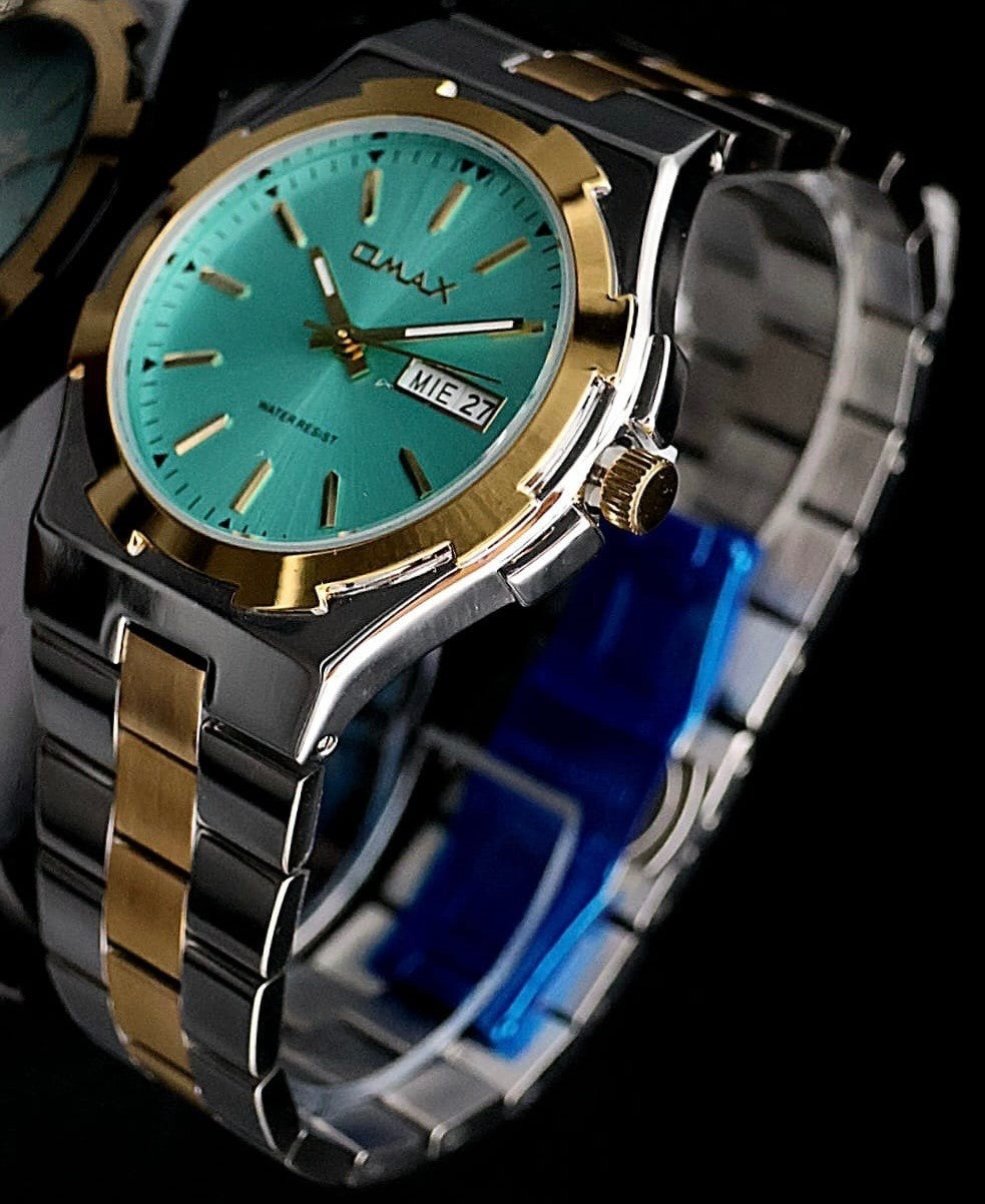 Edle Omax Herren Armband Uhr Datum Herrenuhr IP Veredelt Bicolor Neu mit Box *1