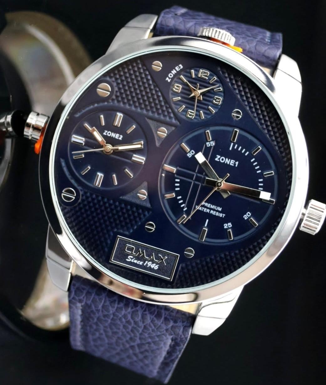 Edle XXL Omax  Monster Watch Herren Armband Uhr Blau Dual Triple Timer NEU0