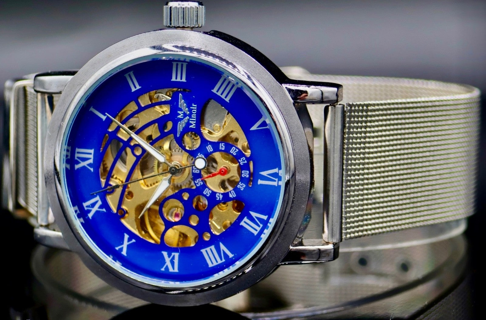 Minoir Herren Automatikuhr Armbanduhr Herrenuhr mit Glasboden Blau Silber Farben0