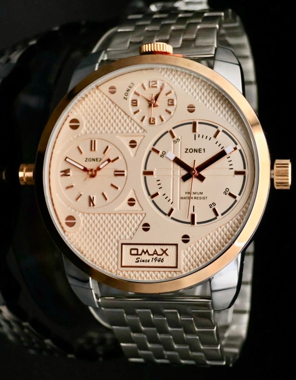 Omax XXL Monster Watch Herren Armband Uhr  Dual Triple Timer 3 Zeitzonen Neu0