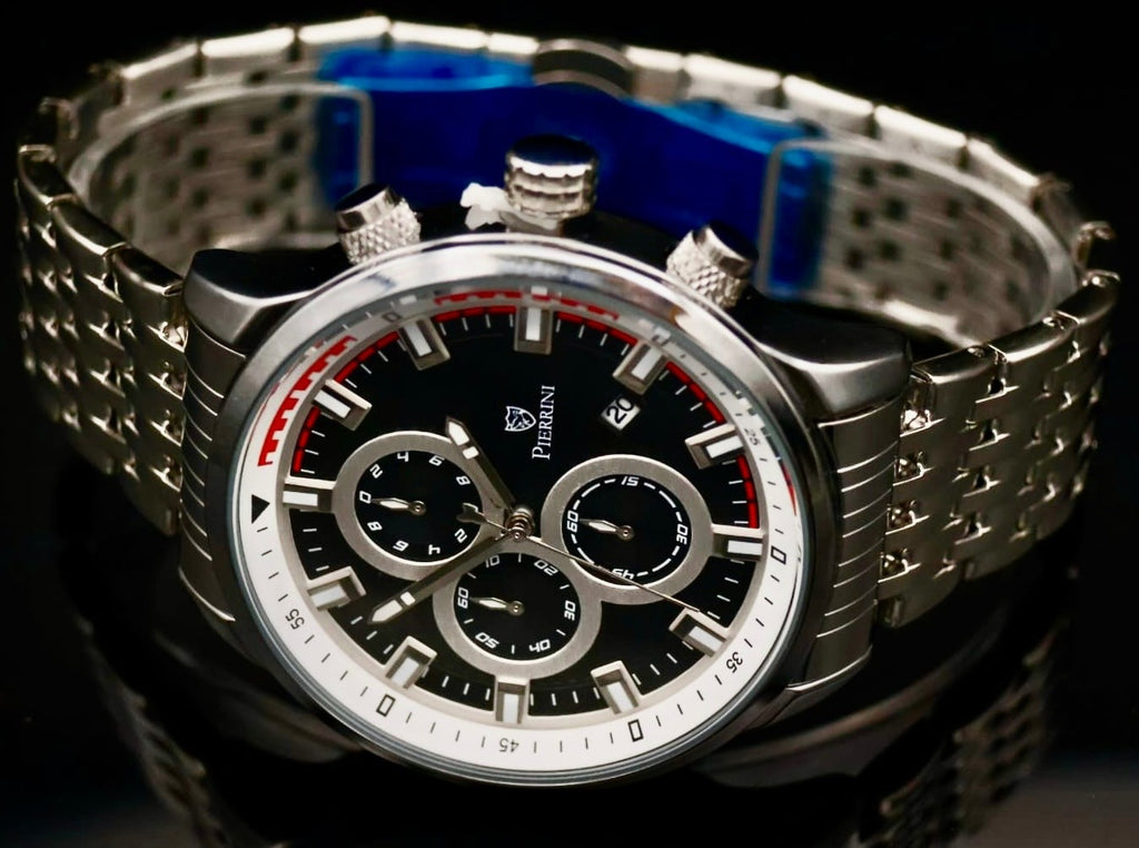 Pierrini Herren Armband Uhr Chronograph Stoppuhr Datum Schwarz Silber Farben #671