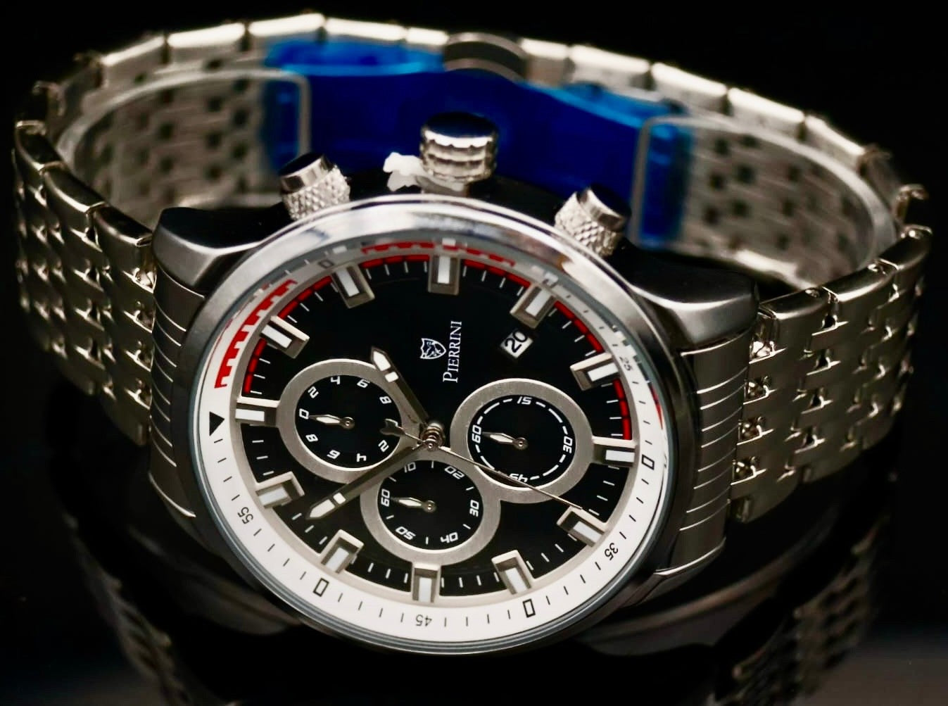 Pierrini Herren Armband Uhr Chronograph Stoppuhr Datum Schwarz Silber Farben #671