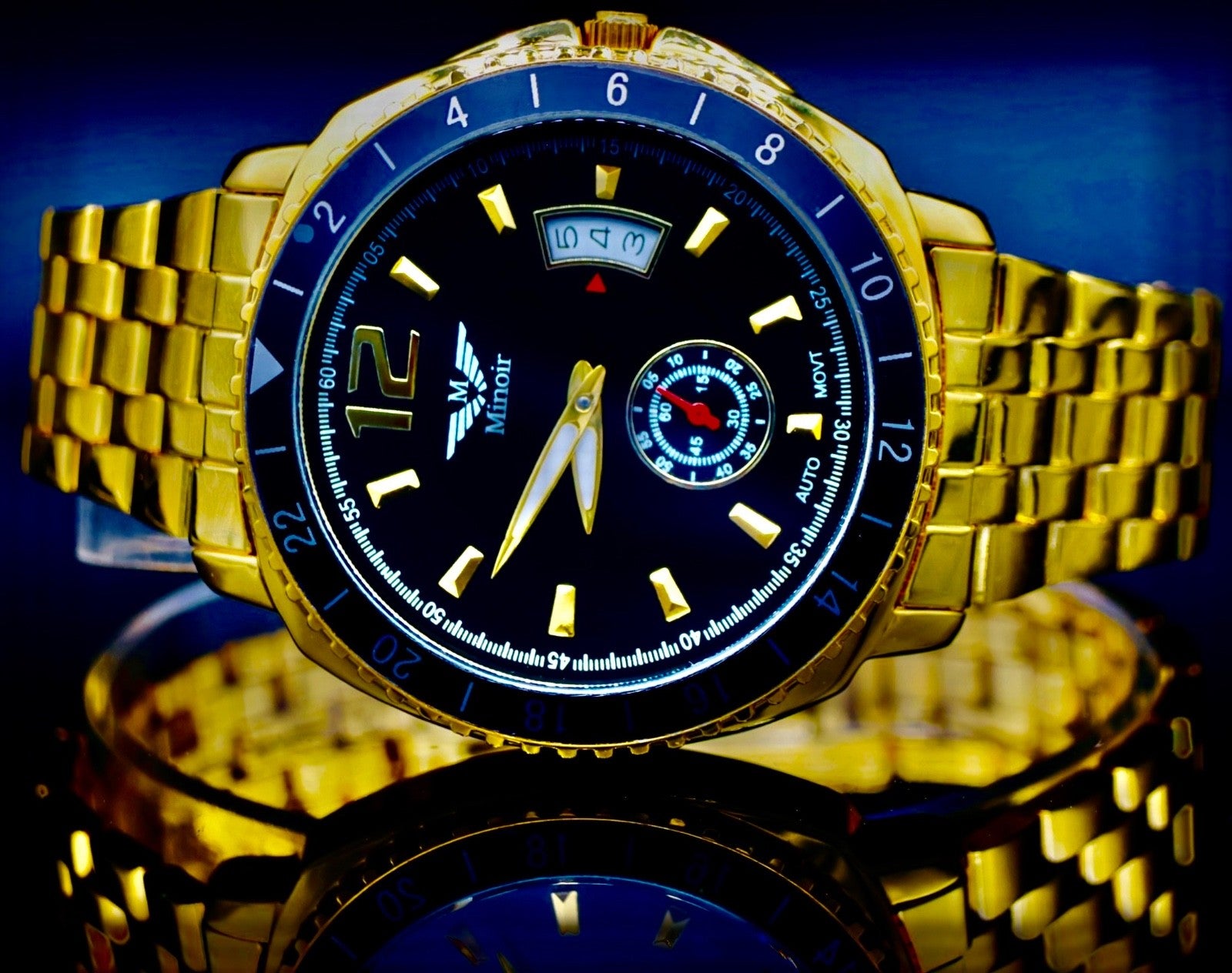 Edle Minoir Herren Männer Uhr Automati Armbanduhr Schwarz Gold Farben Herrenuhr1