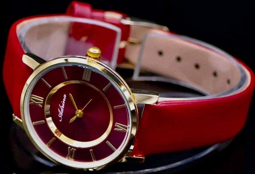 Mega Edle Adrina Damen Frauen Armband Uhr Rot Gold Farben Damenuhr Mineralglas1