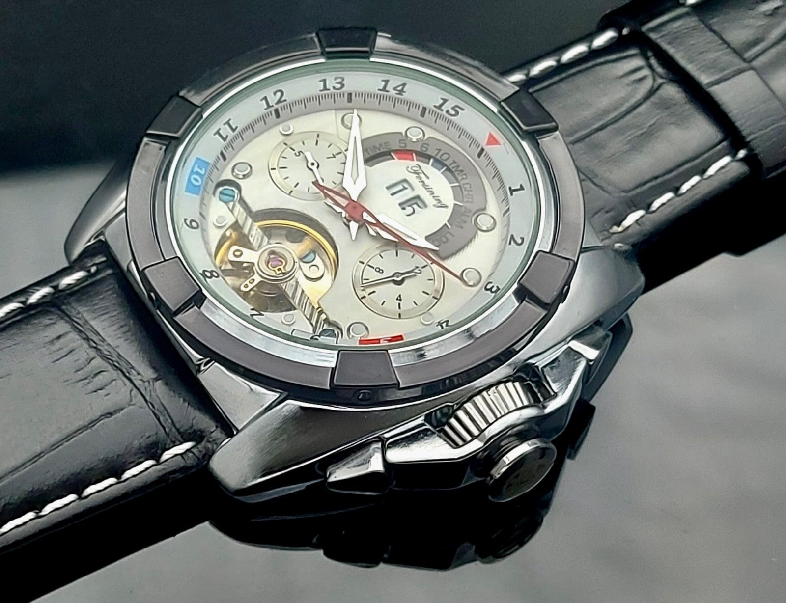 FORSINING - HERREN- MECHANISCH - AUTOMATIK - UHR - KALENDER - DATUM - LEDERBAND1