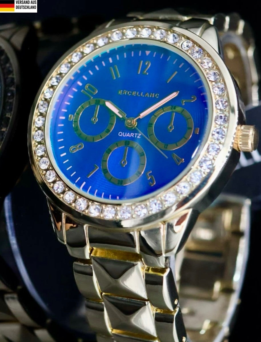 Excellanc  Damen  Armband Uhr Blau Gold Farben Damenuhr Strass Chrono-Look0