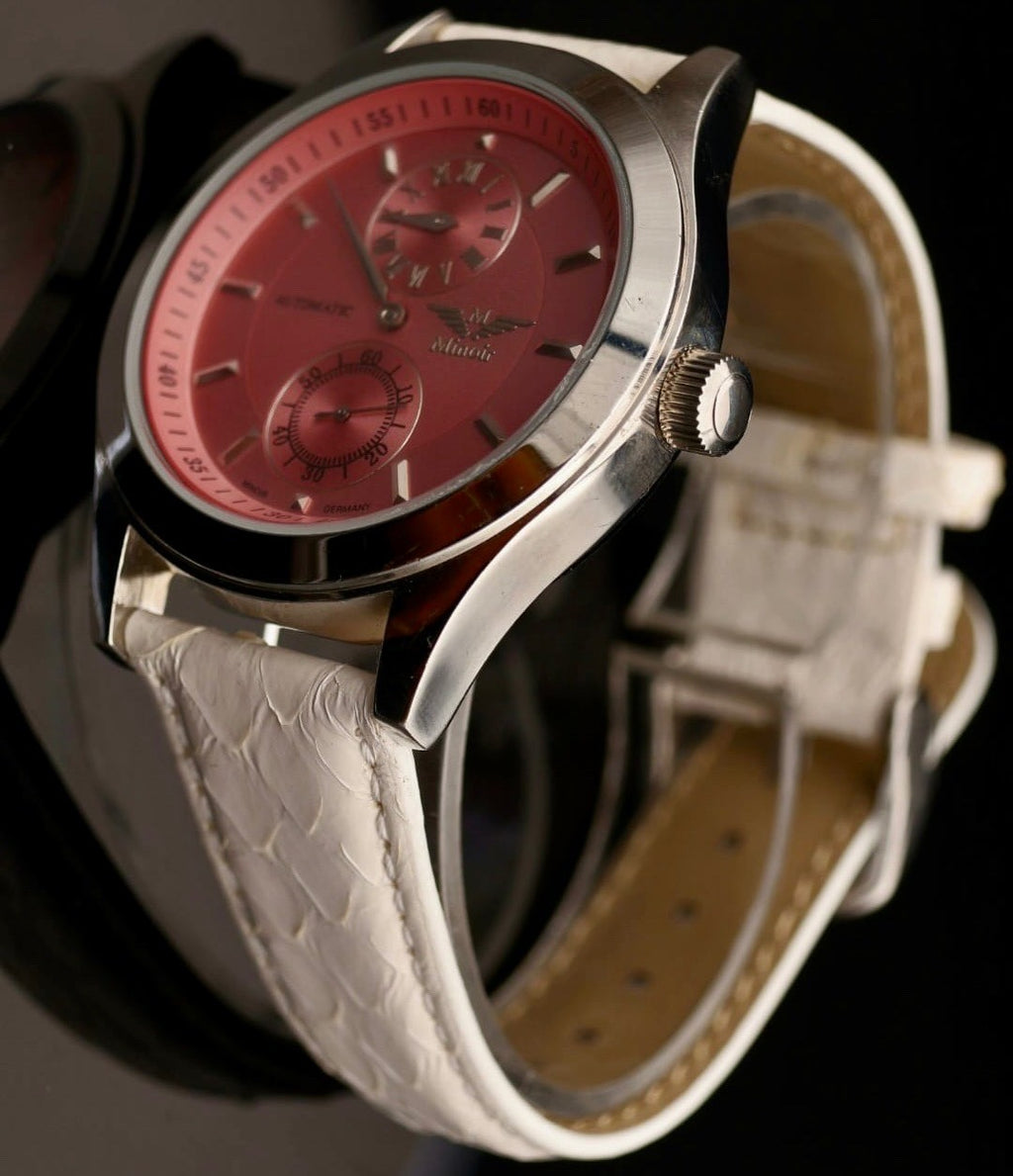 Minoir Damen Uhr Automatikuhr Armbanduhr Pinke Damenuhr mit Lederband in Weiß0