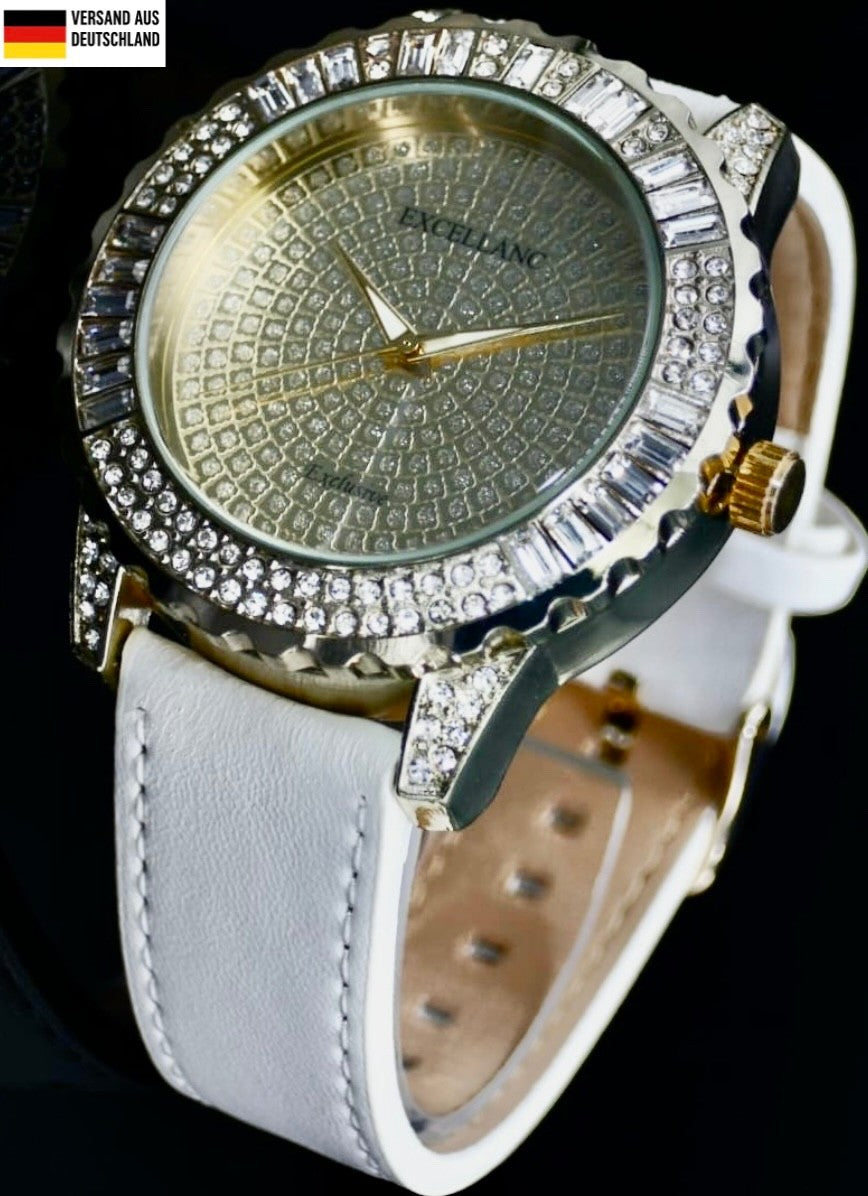 Edle Excellanc Damen Frauen Armband Uhr Weiß Farben Strass Damenuhr Leuchtzeiger0
