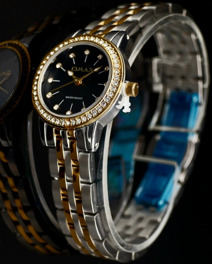 Omax Damen Armband Uhr Silber Gold Farben Bicolor Damenuhr Strass IP Veredelt0