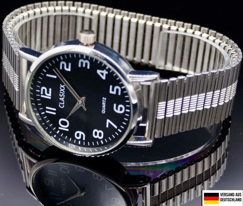 Clasixx Herren Edelstahl Armband Uhr Zugband Silber Schwarz Farben Zugarmband0