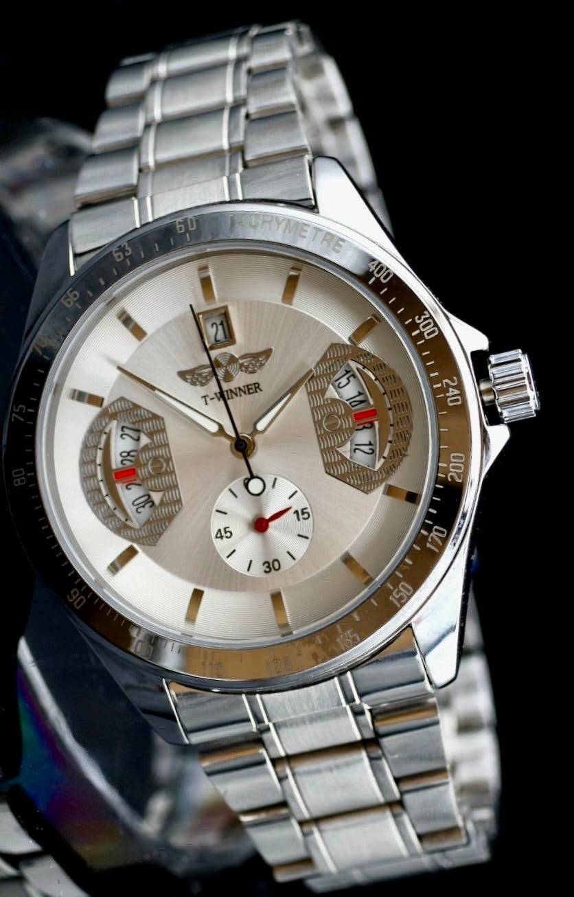 T-Winner Herren Automatikuhr Silber Mechanisch Skelett Uhr Edelstahl Luxus Datum2