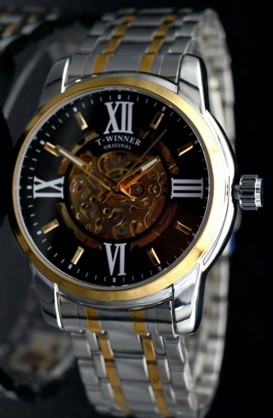 T-WINNER Herren Automatikuhr Silber Bicolor Schwarz Skelett Uhr Edelstahl2