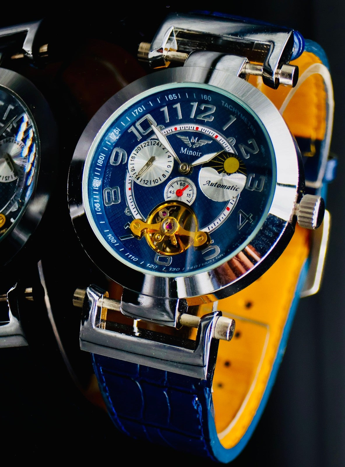 Edle Herren Uhr Automatikuhr Leder Armbanduhr Minoir  Blau Farben offene Unruh0