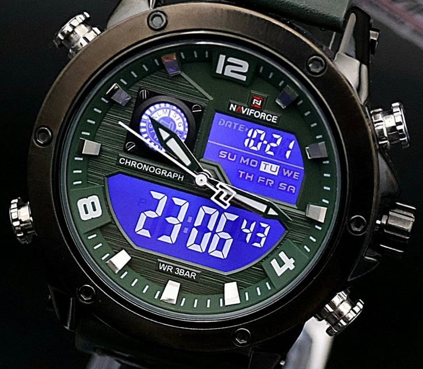 Sportliche Digital & Analog Herren Männer Uhr Armbanduhr Grün Bronze Farben NEU0