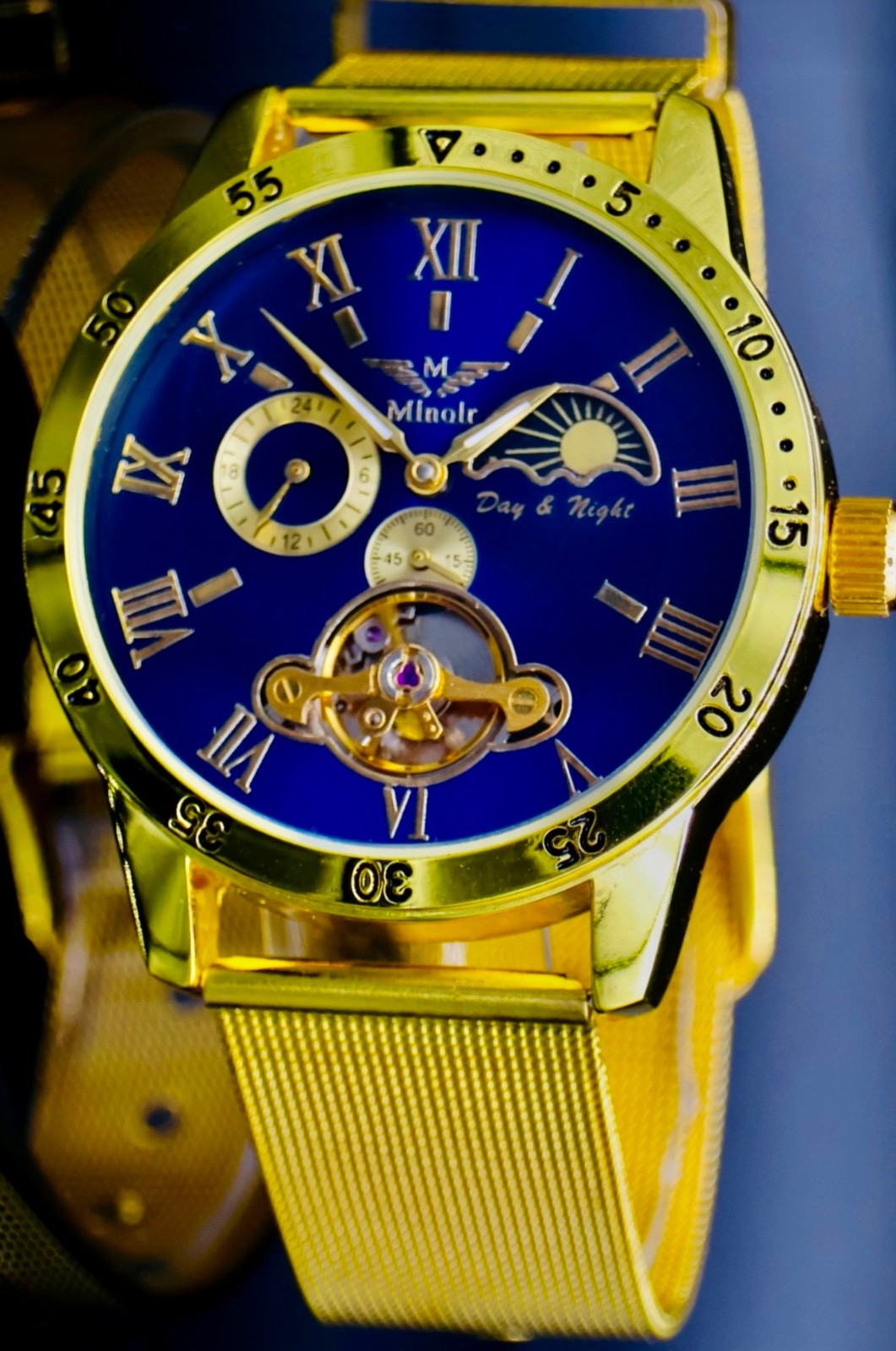 Mega Edle Minoir Automatikuhr Armbanduhr Herrenuhr offene Unruh + Glasboden Gold0