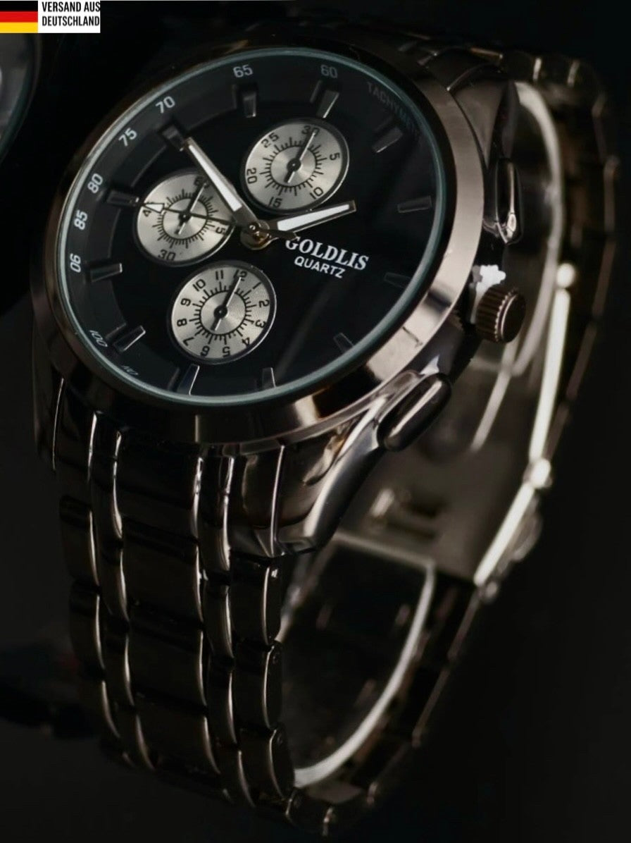 Edle Herren Armband Männer Uhr Schwarz Silber Farben Chrono Look im Keramik Look0