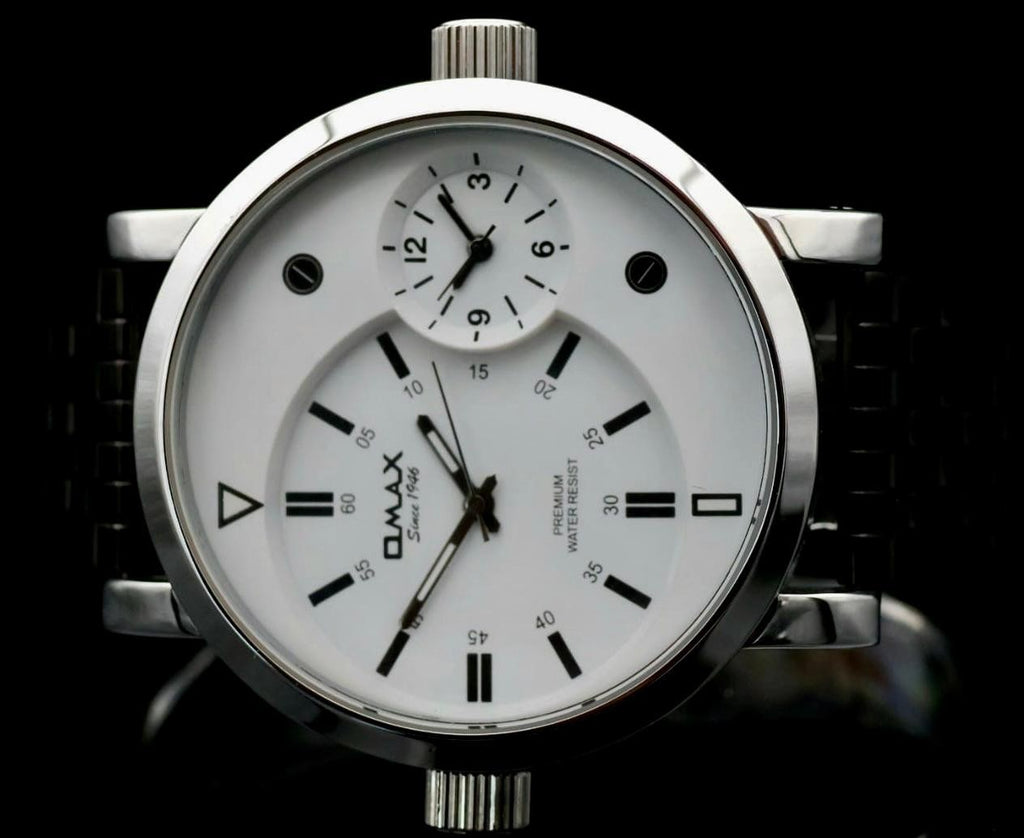 Omax XXL Monster Watch Herren Armband Uhr Weiß Schwarz Dual Timer Lederband NEU1