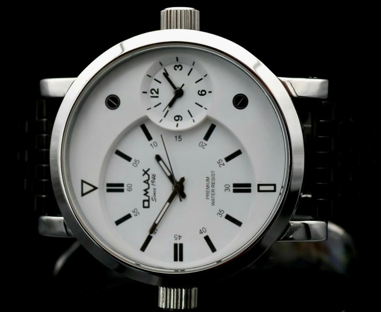 Omax XXL Monster Watch Herren Armband Uhr Weiß Schwarz Dual Timer Lederband NEU1