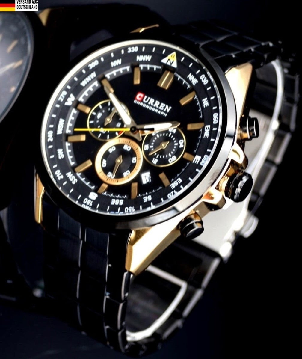 Edle Herren Männer Armband Uhr Chronograph Stoppuhr Datum Rosé Schwarz Farben1