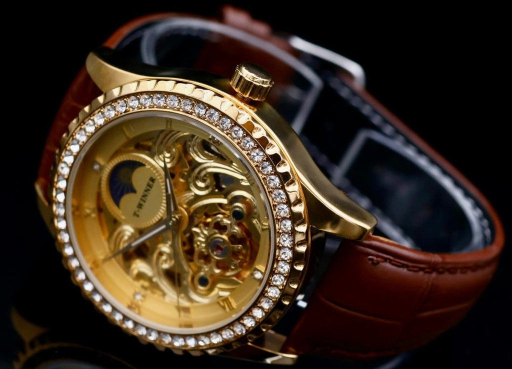 T-Winner Herren Männer Armband Uhr Automatikuhr Gold Braun Farben offene Unruh3