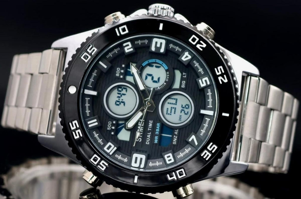 Sportliche Digital & Analog Herren Uhr Armbanduhr Wecker Schwarz Silber Farben2