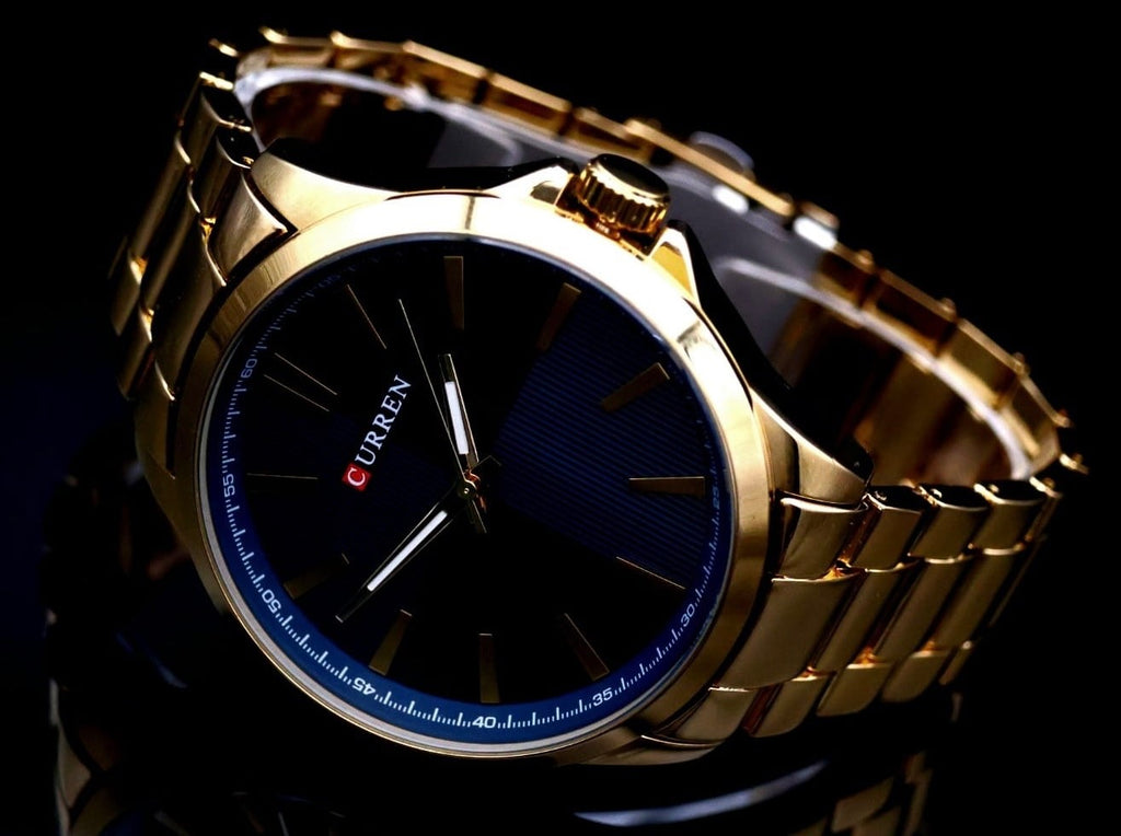 Klassische Herren Männer Armband Uhr Herrenuhr Blau Gold Farben mit Leuchtzeiger1