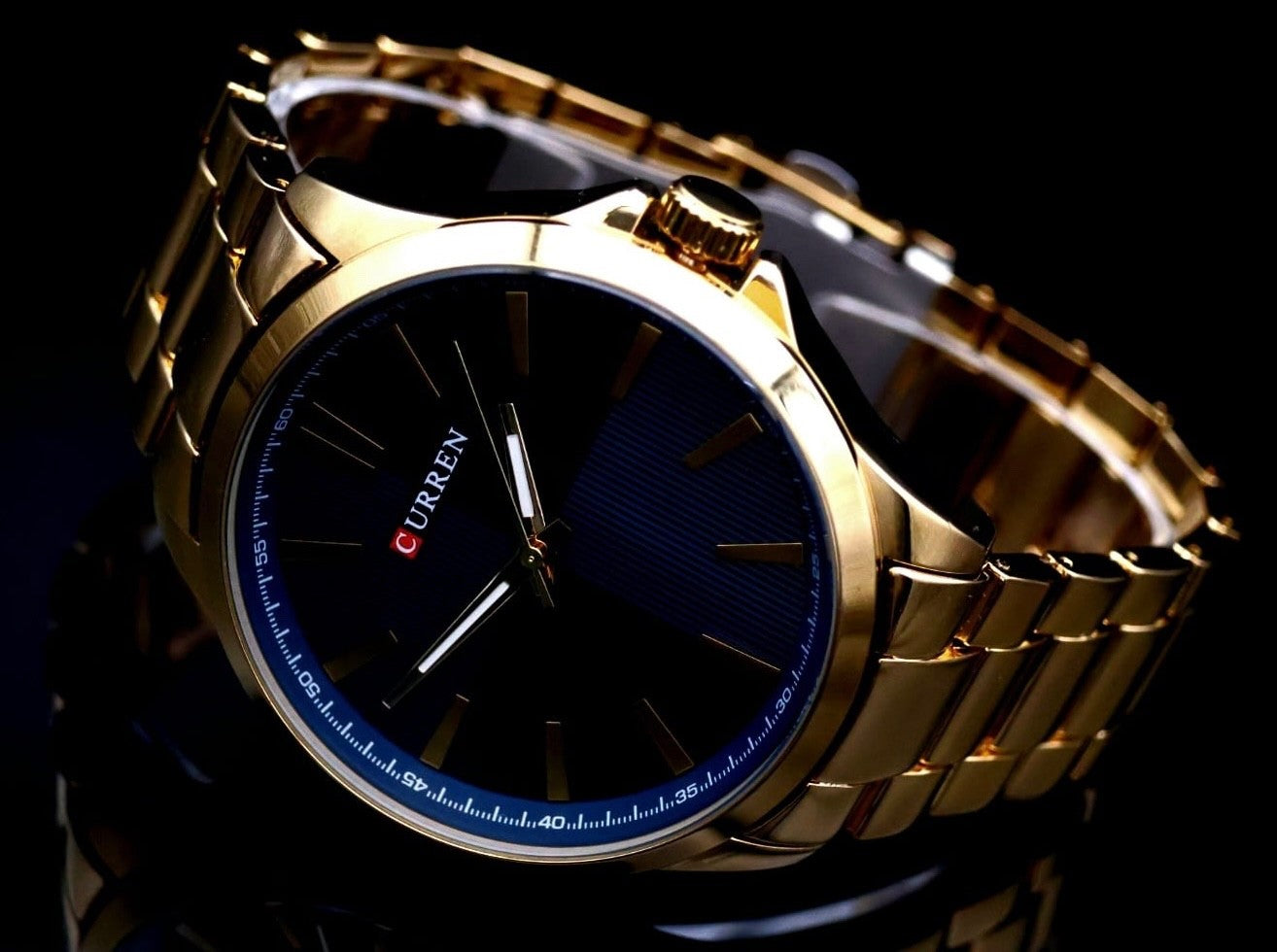 Klassische Herren Männer Armband Uhr Herrenuhr Blau Gold Farben mit Leuchtzeiger1