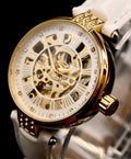 Exklusive Damen Automatik Uhr Damenuhr Gold Weiß Farben mit offener Unruh NEU0