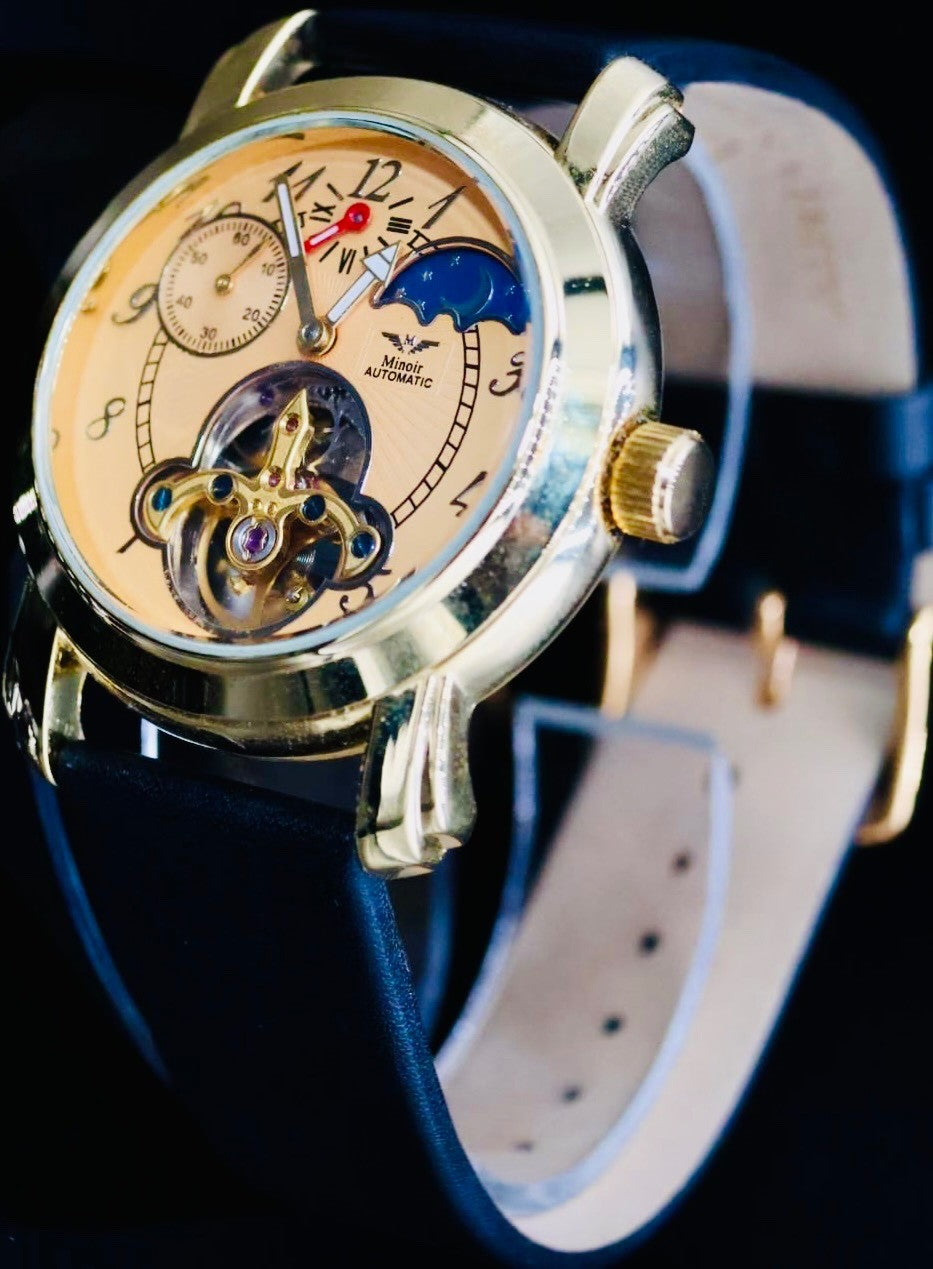 Schicke Minoir Herren Uhr Automatik Armbanduhr Herrenuhr mit schwarzem Lederband0