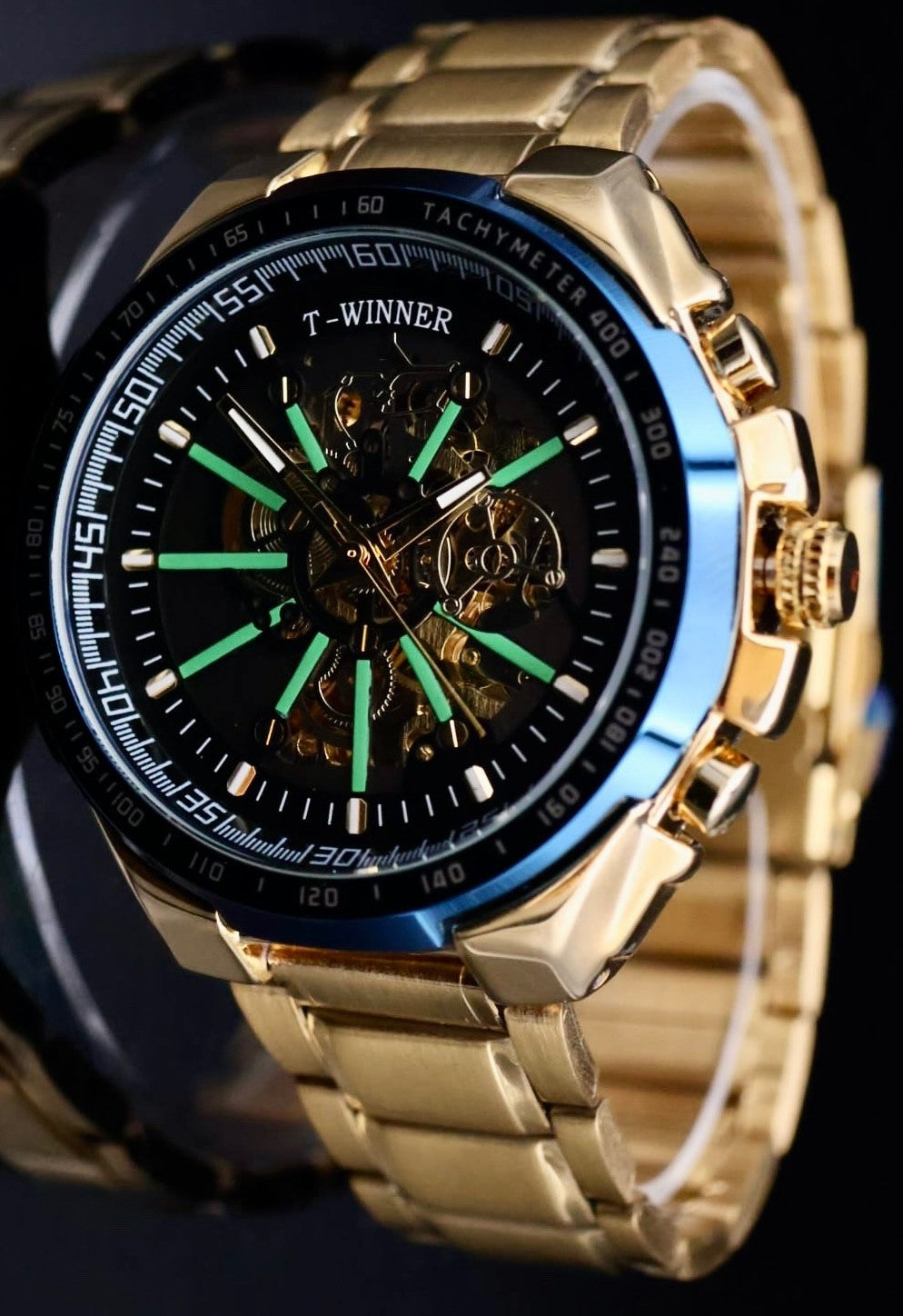 Mega Winner Herren Skelettuhr Automatik Armband Uhr Gold Farben + Leuchtzeiger0