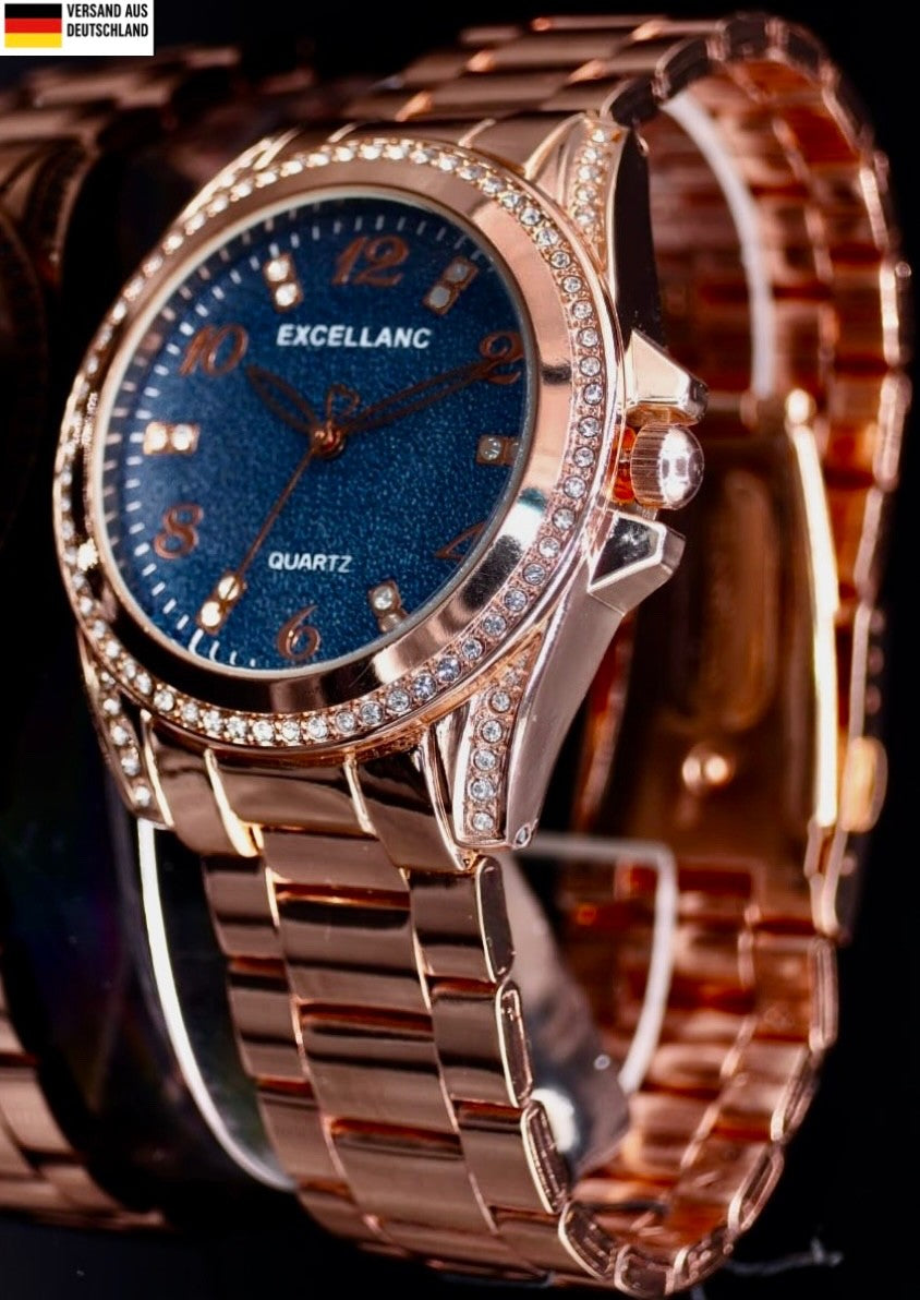 Excellanc Damen Armband Uhr Blau Rosé Farben Damenuhr Strass Glitzer Mineralglas0