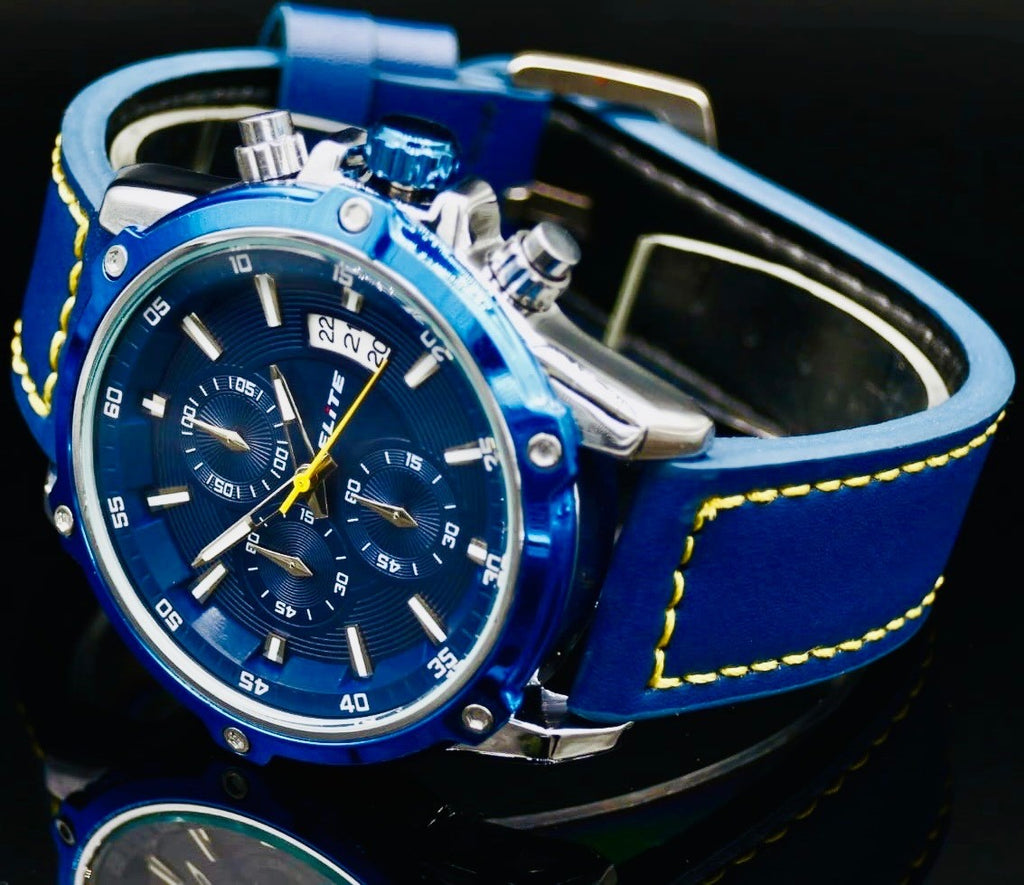Elite Herren Armband Uhr Chronograph Datum Lederband Silber Blau Gelb Farben1