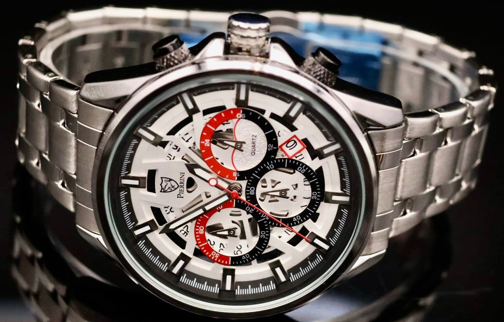 Mega Edle Pierrini Herren Armband Uhr Chronograph Stoppuhr Datum Silber Farben**1