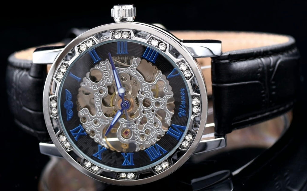 Winner Herren Automatikuhr Mechanisch Skelett Uhr Blau Silber mit Lederarmband1