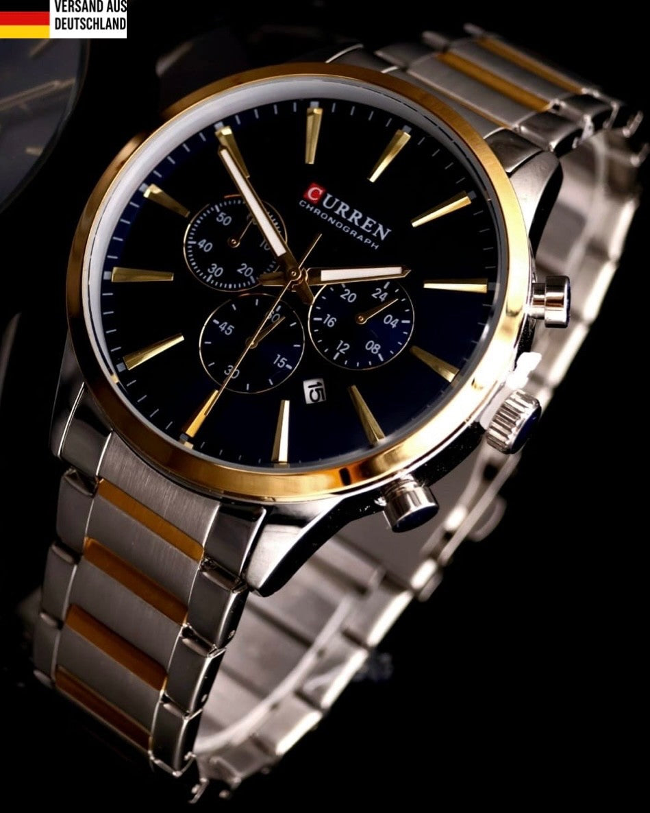 Herren Armband Uhr Edelstahl Chronograph Stoppuhr Datum Blau Bicolor Farben0