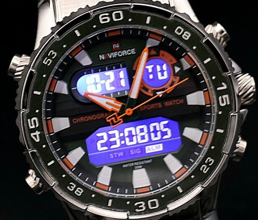 Sportliche Digital & Analog Uhr Armbanduhr Grün Silber Farben Stoppfunktion1