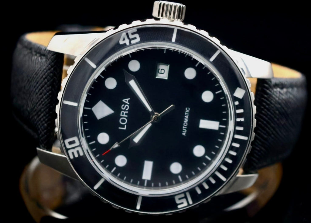 Lorsa Armbanduhr Herren Automatik Uhr Datum Taucher Style Lederarmband Neu1