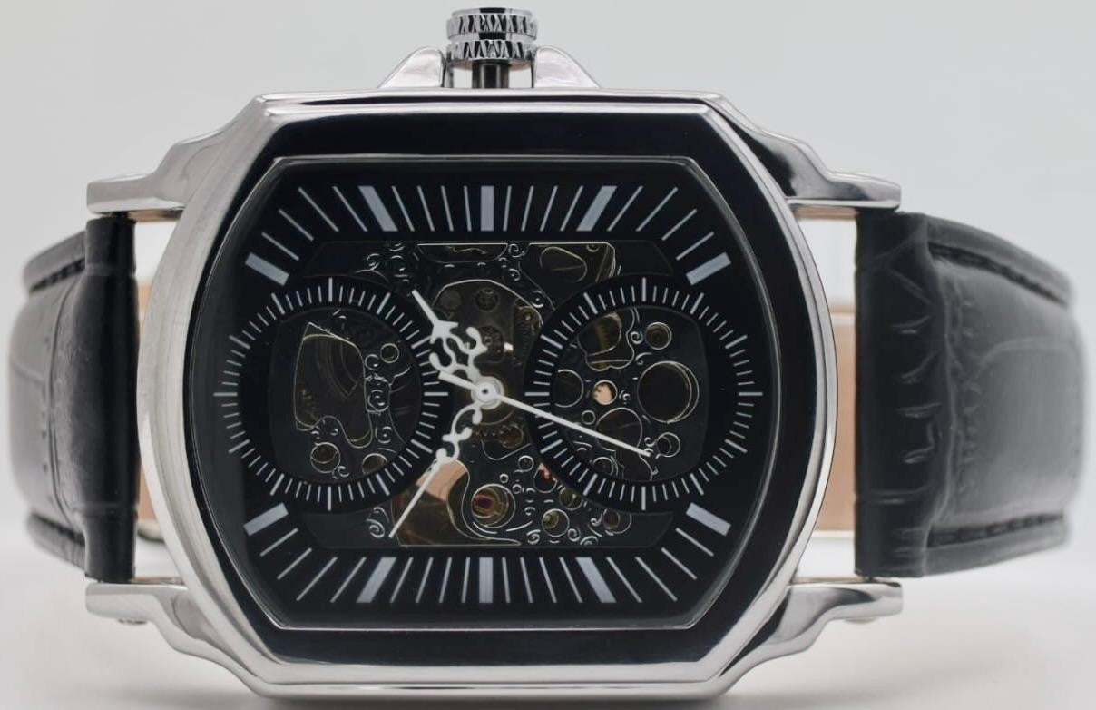 CAROTIF - AUTOMATIK - SKELETT - WATCH - TAG/NACHT ANZEIGE - SCHWARZ- LEDER - NEU1