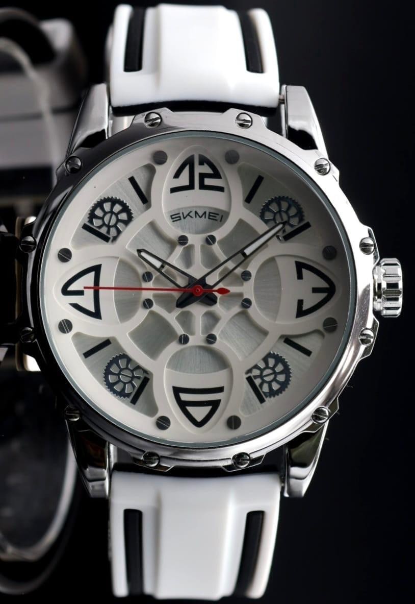 SKM - HERREN - UHR - SILIKONBAND - SCHWARZ - WEISS - LEUCHTZEIGER - 45MM - NEU0