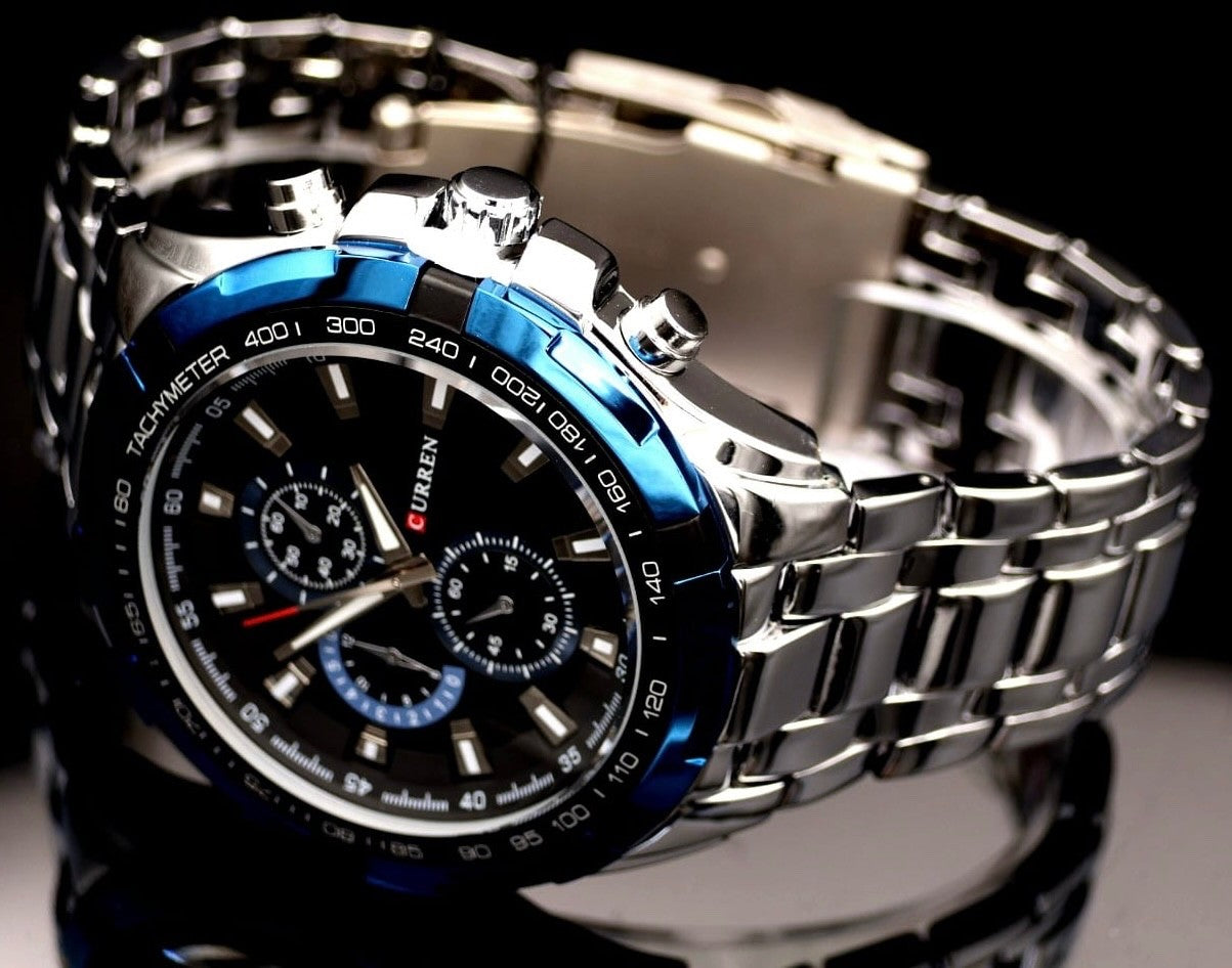 Mega Edle Herren Männer Uhr Armbanduhr Herrenuhr Blau Silber Farben Chrono Look1