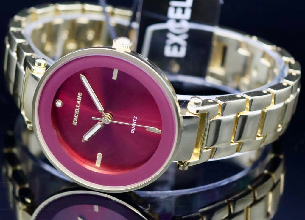 Excellanc  Damen  Armband Uhr Rot Gold Farben Damenuhr Mineralglas Elegant1