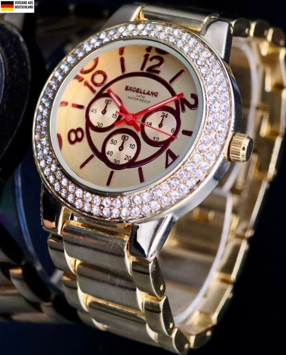 Excellanc Damen Frauen Armband Uhr Gold Farben Damenuhr Mineralglas Strass *0