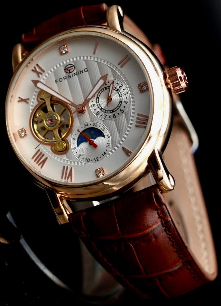 Classic Herren Männer Automatik Uhr Weiß Braun Farben mit Lederarmband *NEU*0