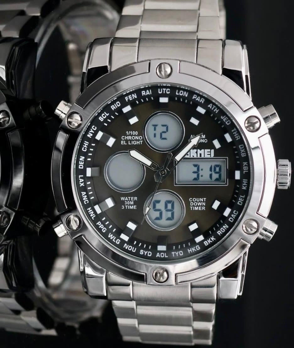 Digital & Analog Herren Männer Uhr Armbanduhr Sport Design Schwarz Silber 48mm0