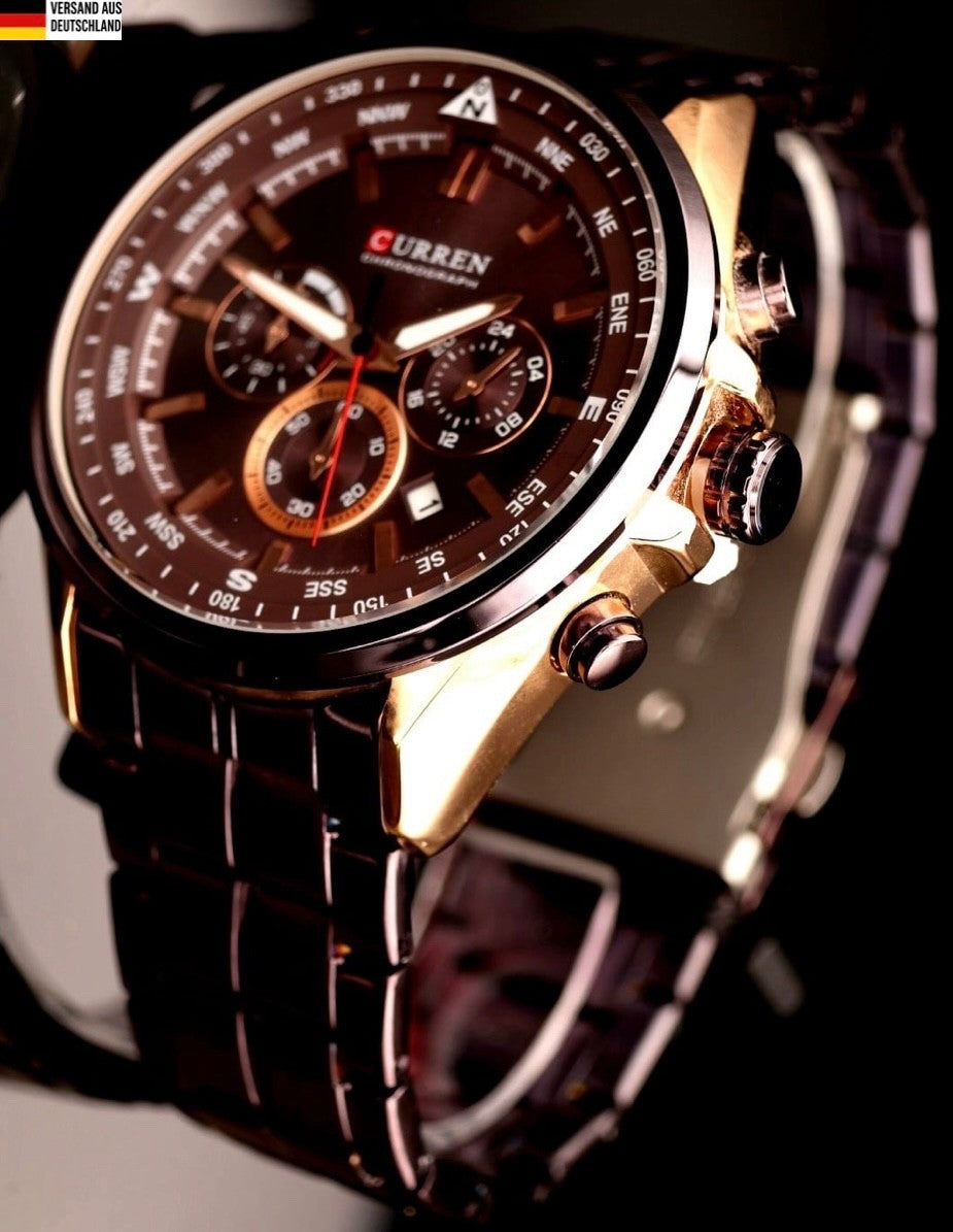 Edle Herren Armband Uhr Edelstahl Chronograph Stoppuhr Datum Beeren Rosé Farben0