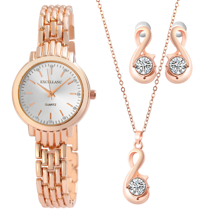 Excellanc Damen Geschenkset Armbanduhr Halskette und Ohrringe Roségold Farben3