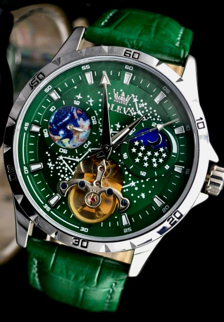 OLEVS Automatik Herren Männer Armband Uhr Automatikuhr Grün Farben Lederband0
