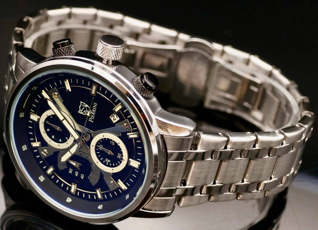 Pierrini Herren Armband Uhr Chronograph Stoppuhr Datum Silber Schwarz Farben*730