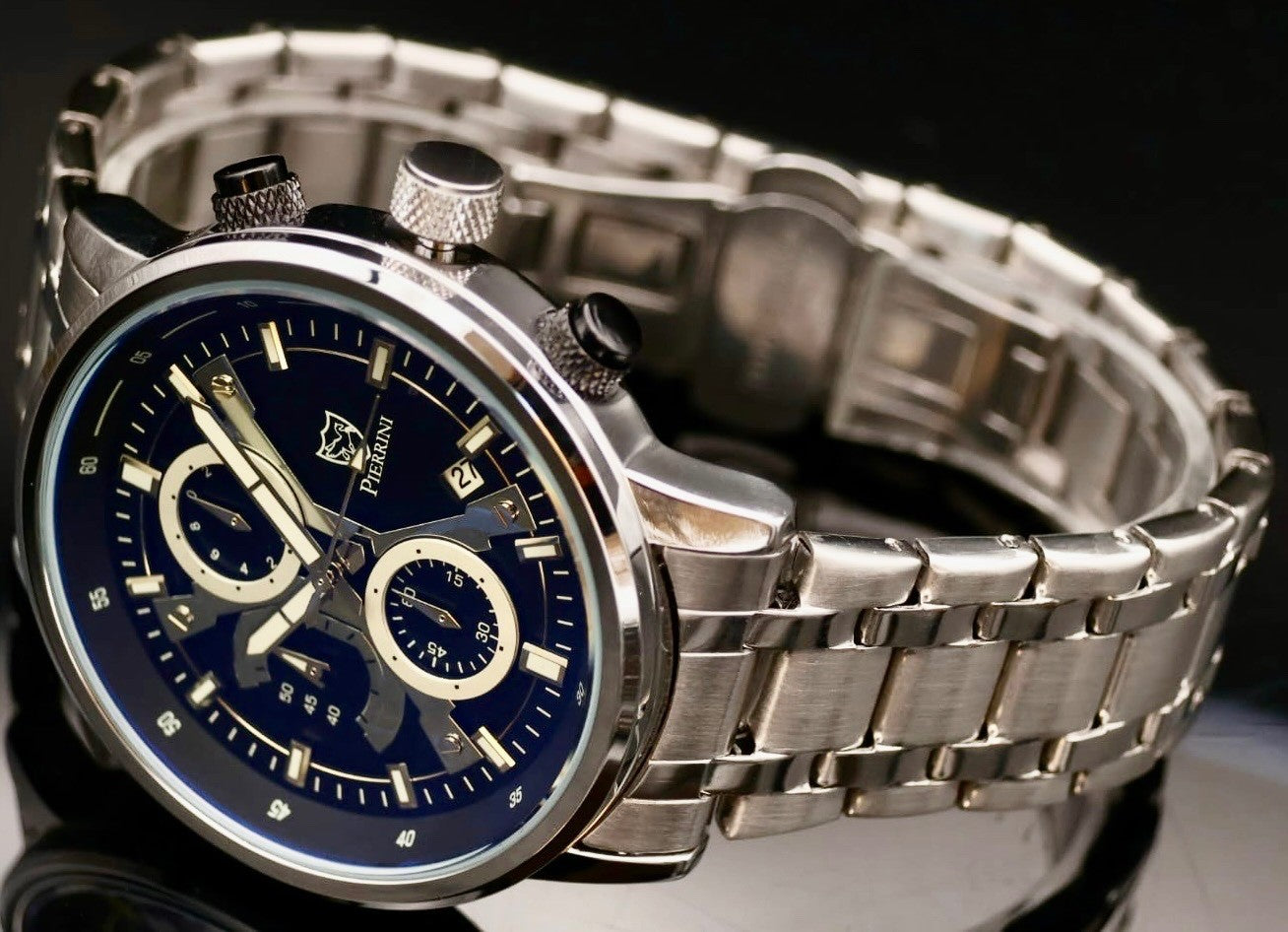 Pierrini Herren Armband Uhr Chronograph Stoppuhr Datum Silber Schwarz Farben*730