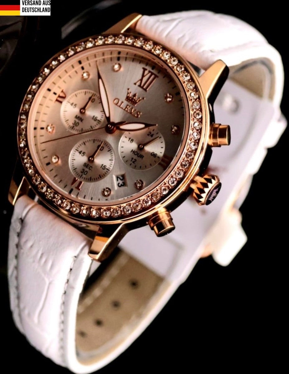 Mega Edle Damen Armband Uhr Chronograph Stoppuhr Datum Silber Rose Gold Farben0